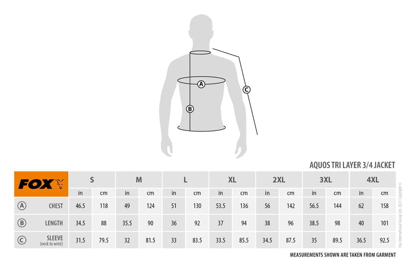 tabla con las tallas de la chaqueta fox de pesca impermeable