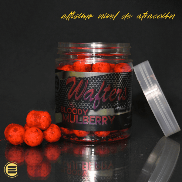 PRO ELITE GOLD BLOODY MULBERRY WAFTERS Pro Elite Baits Bloody Mulberry Gold Wafters Boilies+Dumbells 14mm
